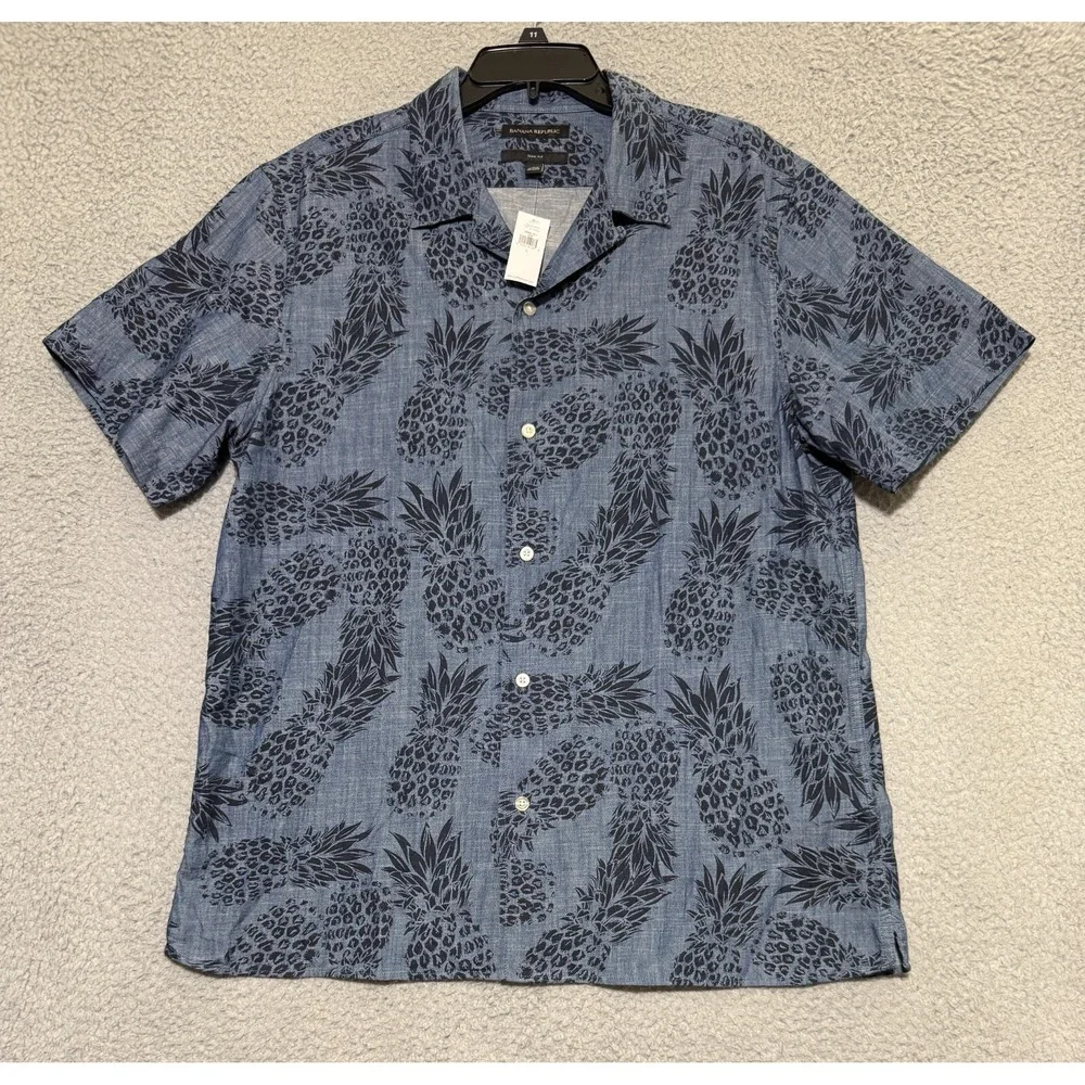 NEW Banana Republic Pineapple Print short sleeve button slim fit shirt Mens L